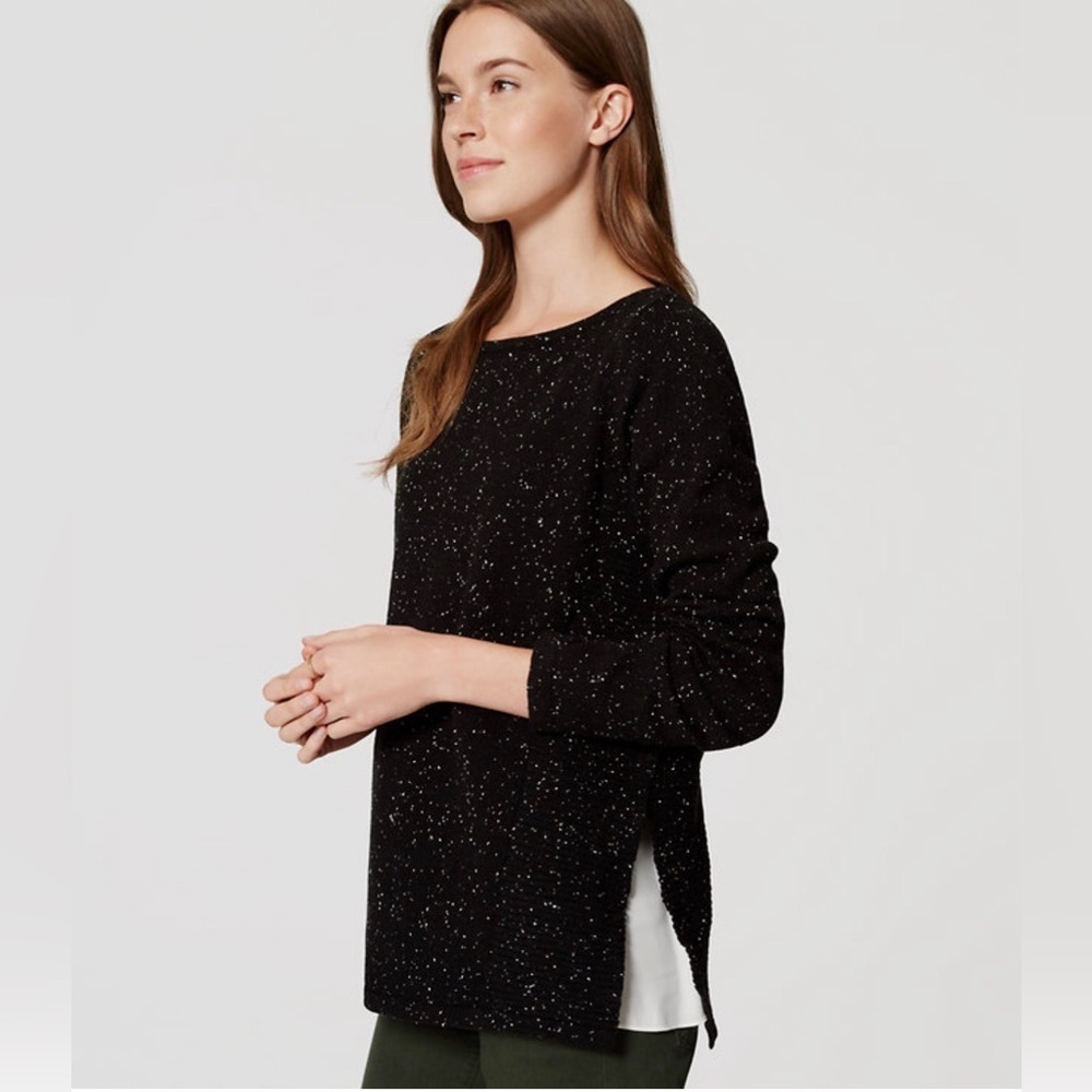 LOFT M Mixed media Black speckled cotton side ribbed long sleeve sweater classic